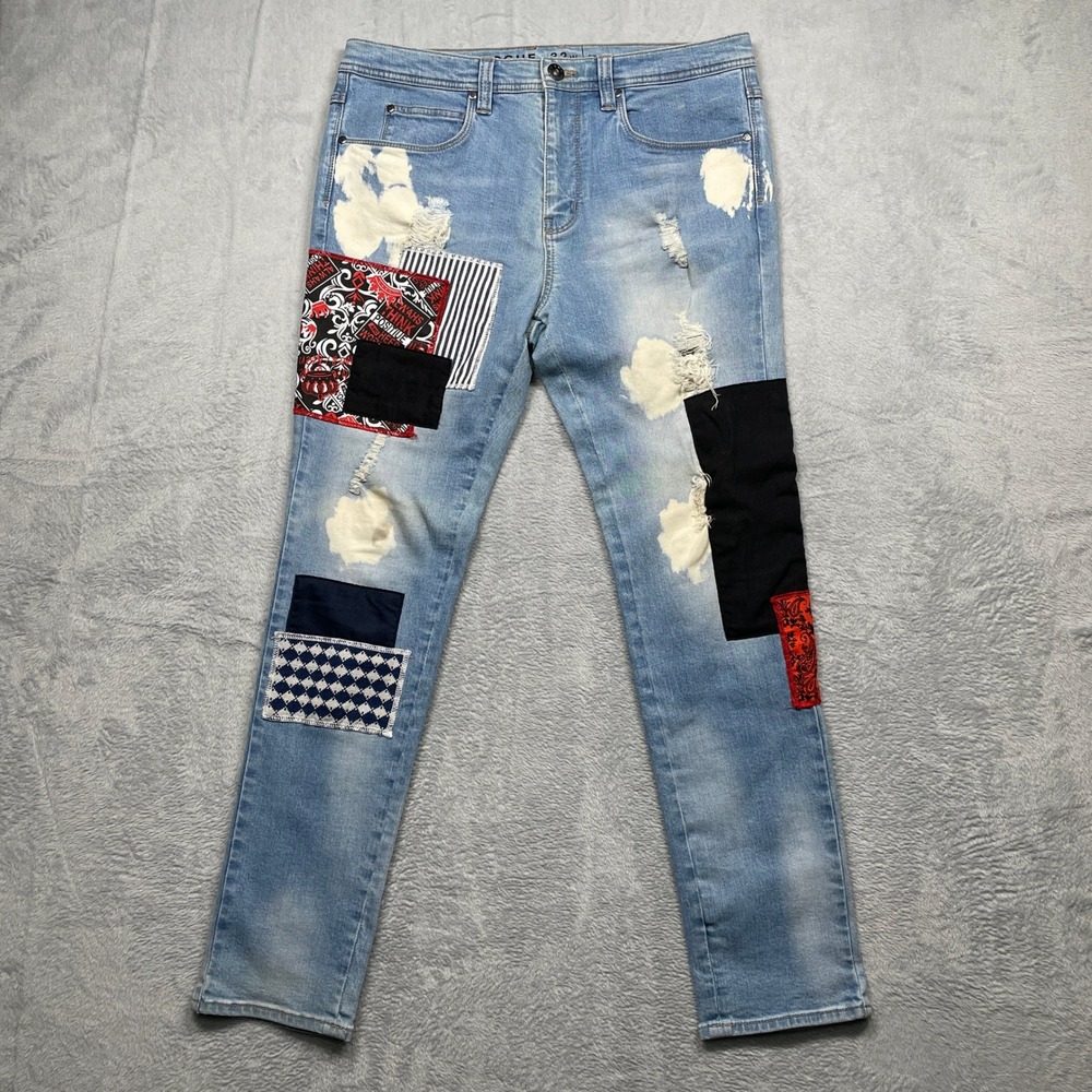 Rogue Patchwork Skinny Jeans Mens 32 Light Wash Distressed Bleached Streetwear